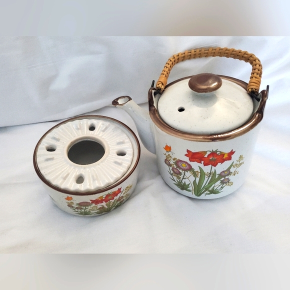 : Vintage Floral Teapot & warmer Set with 5 tea cups Stoneware Speckled - Picture 9 of 16